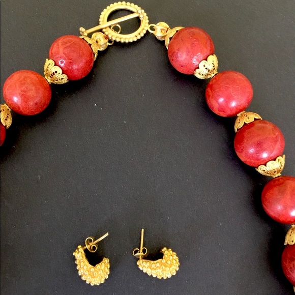 Large size red real Coral balls Necklace & Gold tone real silver Earrings 3 Pc - Picture 9 of 16